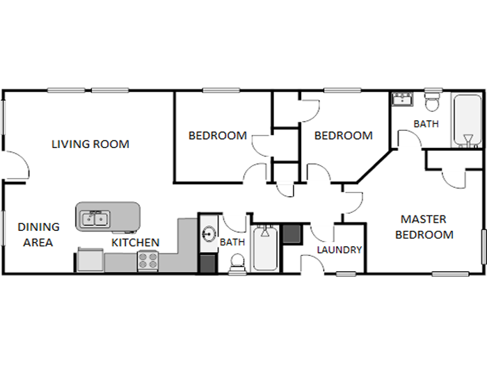 Floor plan for 3 beds, 2 baths, 950 sqft